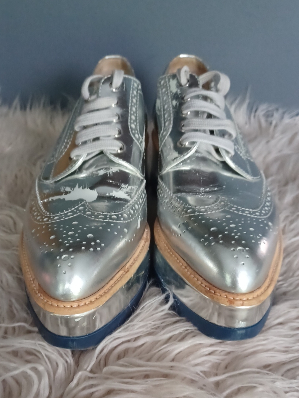 PRADA Silver Metallic Leather Platform Oxford Shoes - Picture 2 of 16